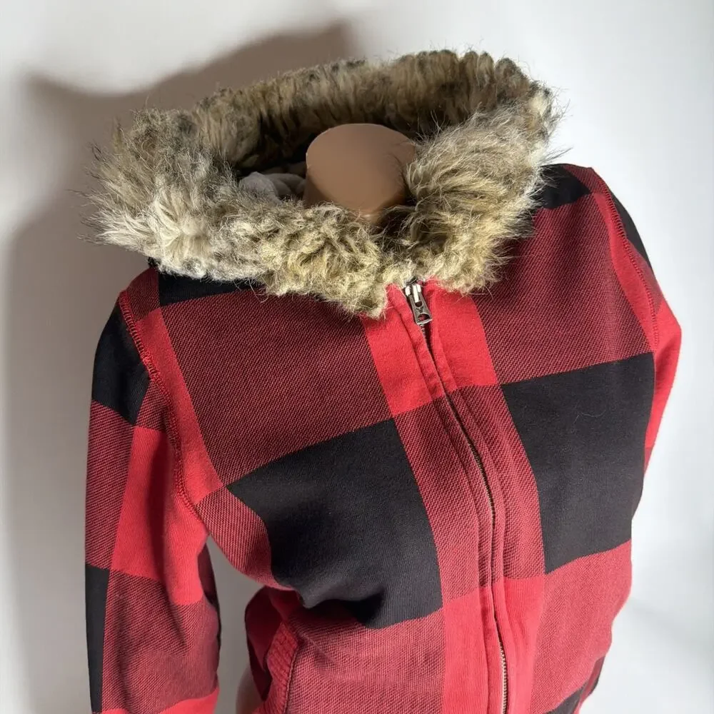 American Eagle Y2K Fur Fleece Lined Zip Up Hoodie Red Plaid Grunge Punk Size L - Picture 3 of 11